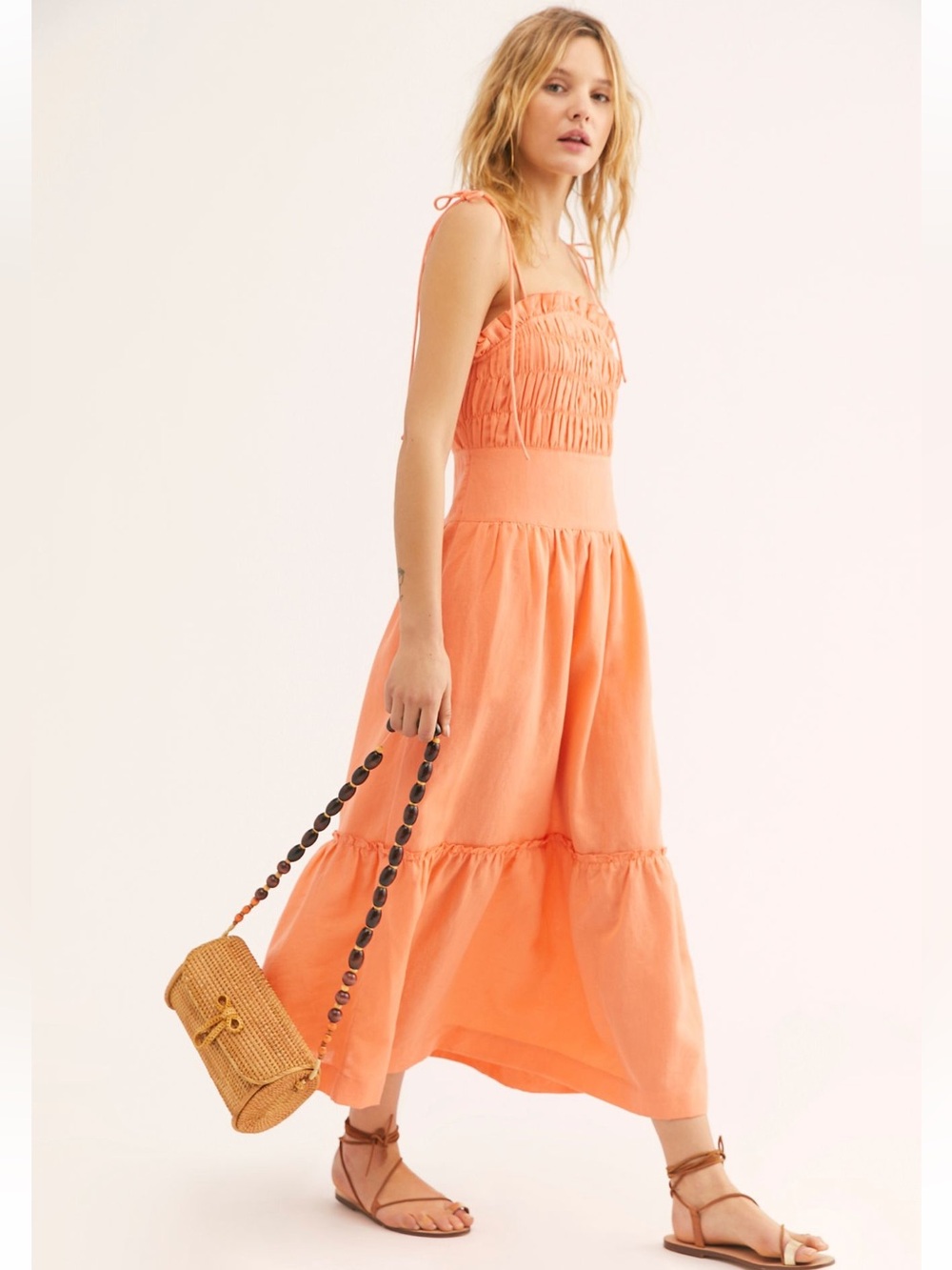 Free People Late Checkout Midi Dress Ruffle Smocked Button Ruched Orange XS